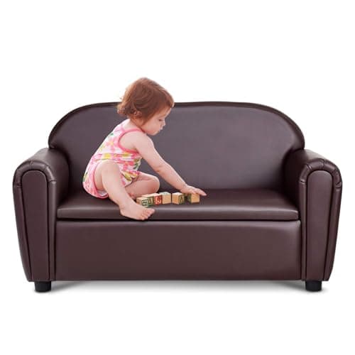 Costzon Kids Couch, 2 in 1 Double Seat Children's Sofa w/Under Seat Storage, PU Leather Surface, Toddler Armrest Chair, Kids Room, Soft Sofa with Storage for Preschool Baby Boys Girls Gifts