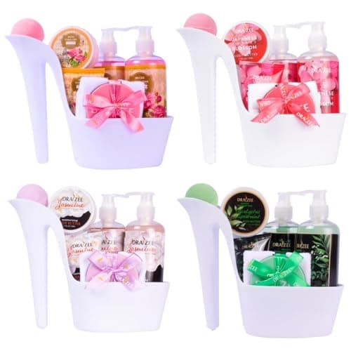 Draizee Luxury Spa Gift Baskets for Women-32Pcs Spa Heel Shoe Basket for Women of Rose, Cherry, Spearmint, Jasmine Scented Bath and Body Spa Set-Self Care Kit- Gift for Mom(4 Set)