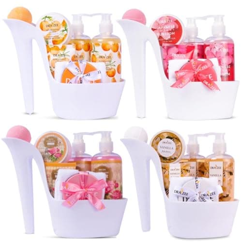 Draizee Luxury Spa Gift Baskets for Women-32 Pcs Spa Heel Shoe Basket for Women of Rose, Cherry, Citrus, Vanilla Scented Bath and Body Spa Set-Self Care Kit, Gift for Mom (4 Set)