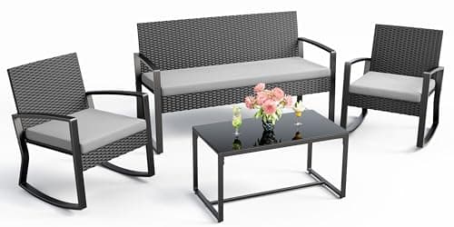 Ahomly 4 Piece Outdoor Patio Furniture Set, Wicker Patio Furniture with Glass Coffee Table, Rocking Wicker Bistro Set, for Backyard, Poolside, Porch (Grey)