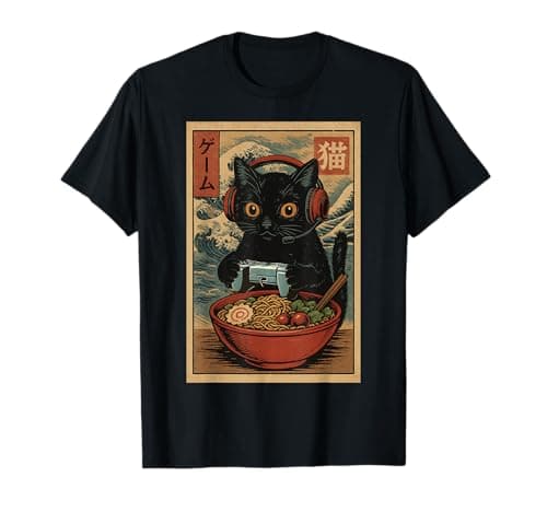 Cute Kawaii Gamer Cat Funny Ramen Retro Japanese Cat Gaming T-Shirt