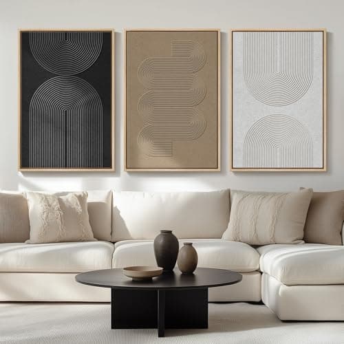 Large Framed Black and White Neutral Abstract Wall Art for Living Room, 3 Piece Boho Canvas Prints Paintings Artwork for Walls, Minimalist Geometric Pictures for Hallway Office Wall Decor 24x36 In