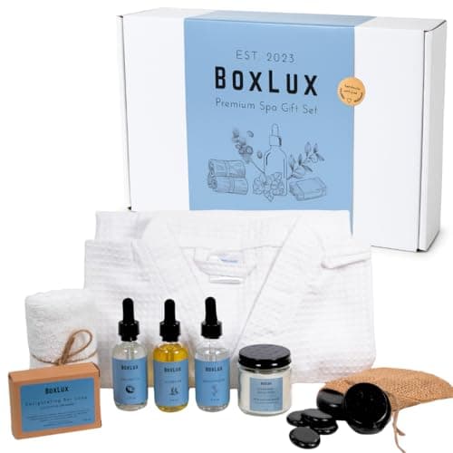 Luxury Spa Gift Set for Relaxation Self Care, Gift Box for Women & Men, Cotton Waffle Robe, Eucalyptus Candle, Hot Stones, Essential Oils, Soap & Face Cloth