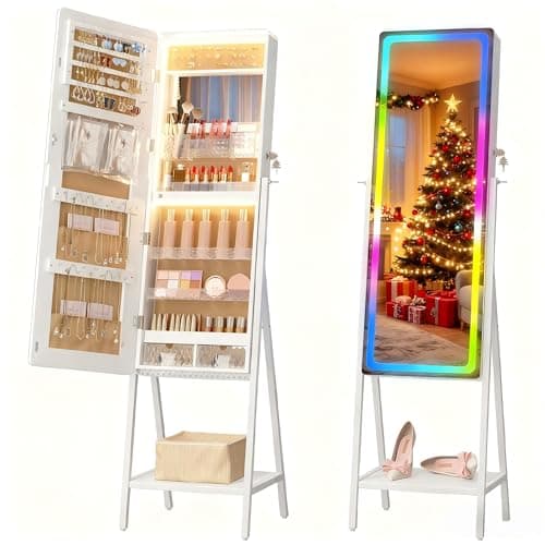 LVSOMT LED Mirror Jewelry Cabinet, Lockable Jewelry Armoire Cabinet Standing, Large Full-Length Mirror with Jewelry Storage, LED Lighted Floor Mirror, 14 RGB Lights, Christmas Gifts, White