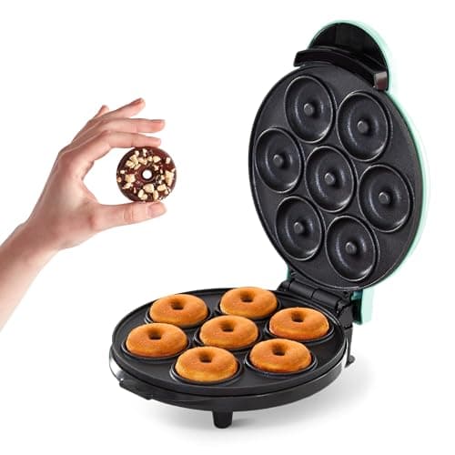 Dash Express Mini Donut Maker - Homemade Dessert Maker - Features Double-Sided, Non-Stick Surface & Space-Saving Design - Makes 7 - Aqua