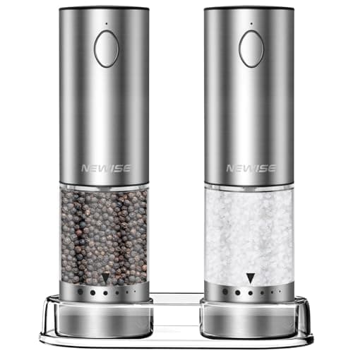 Newise Electric Salt and Pepper Grinder Set - Christmas Kitchen Gift, Rechargeable with LED Lights, Stainless Steel Automatic Mill, Adjustable Coarseness, Large Capacity, Silver