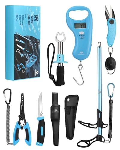 Mossy Oak 6Pcs Fishing Tools Kit- Fishing Plier, Fish Fillet Knife, Fish Lip Gripper, Hook Remover, Digital Fish Scale, Line Snip, Fly Fishing Retractor, with Sheath Lanyard, Fishing Gifts for Men