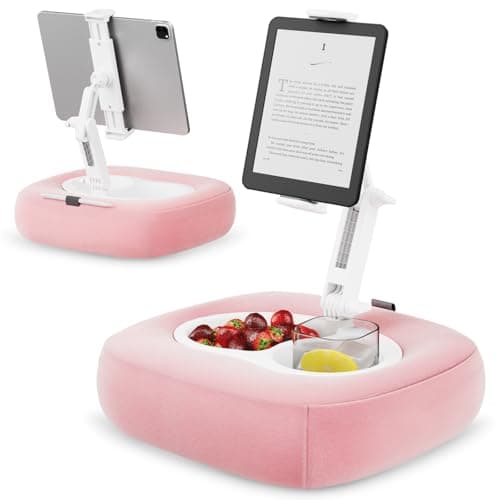 TabHolderix Tablet Pillow Stand, Adjustable Kindle Holder with 2 Snack Bowls, 360° Adjustable iPad Stand for Bed with 4.7''-13'' iPad, Kindle, Phone, Gift for Reading Accessories on Bed, Sofa, Pink