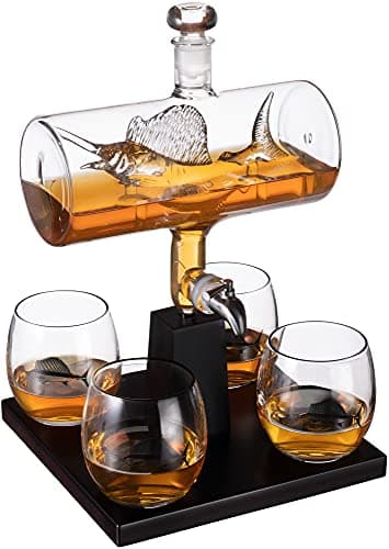 Swordfish & Sailfish Wine &Whiskey Dispenser and 4 Liquor Glasses - Fishing & Boat Decanter & Glass Set - Fishing Gifts for Men Bourbon & Scotch Decanter for Alcohol - Fisherman Gifts for Dad