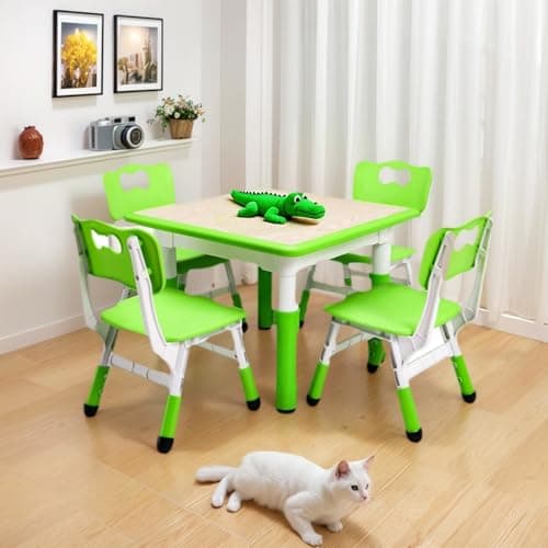 Modern Kids Table and 4 Chair Set,23.26" Height Adjustable Toddler Tables and 4 Chairs with Non-Slip Desk Legs&Organizer Graffiti Desktop,Preschool Activity Kids Table for Ages 2-10 (Green