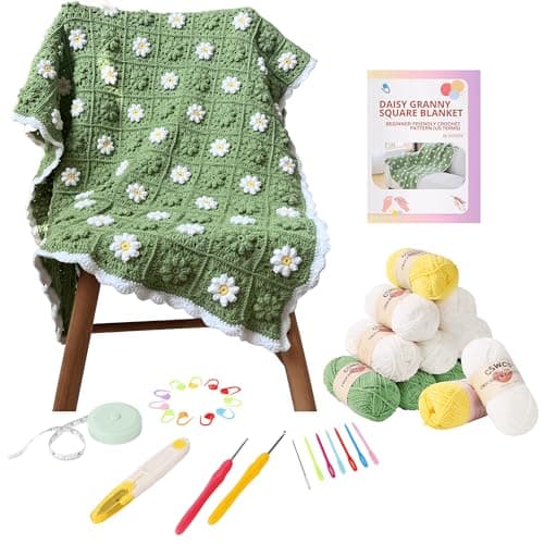 CSWCS Crochet Blanket Kit for Beginners, Daisy Granny Square Throw Kit for Adults, Easy Learn How to Knitting with Yarn & Hook, Complete Starter Set with Step-by-Step Instructions (39" x 31")