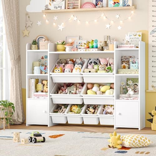 FOTOSOK 55''Large Toy Storage Organizer with 8 Toy Bins, Toy Organizers and Storage with Shelf and 6 Storage Cubbies, Bookshelf for Kids, Playroom Organization and Storage Bins, White