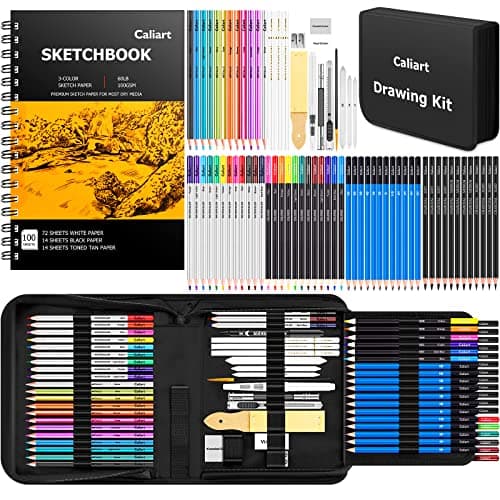 Caliart 176PCS Art Supplies Sketching Kit with 100 Sheets 3-Color Sketch Book, Graphite Colored Charcoal Watercolor & Metallic Pencils, Drawing Set Christmas Gifts for Adults Teens Girls Boys Kids
