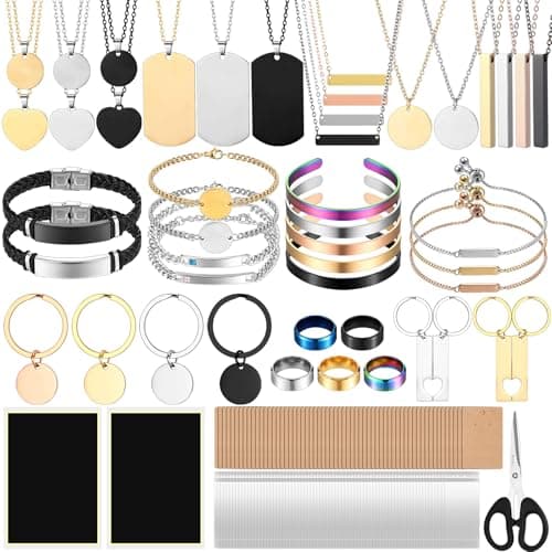 Quelay 99 Pcs Laser Engraving Materials Bulk Include 46 Jewelry Making Engraving Accessories Kit Necklace Bracelet Ring Keychain with Laser Marking Paper for Laser Engraver DIY Crafting Supplies