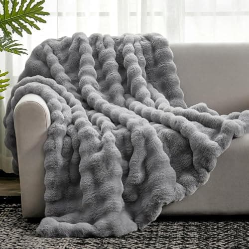 Cozy Bliss Faux Fur Throw Blanket for Couch, Fuzzy Soft Plush Thick Bubble Blanket for Sofa Bedroom Living Room,50 * 60 Inches Light Grey