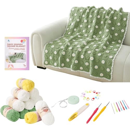 CSWCS Crochet Blanket Kit for Beginners, Daisy Granny Square Throw Kit for Adults, Easy Learn How to Knitting with Yarn & Hook, Complete Starter Set with Step-by-Step Instructions (47" x 39")