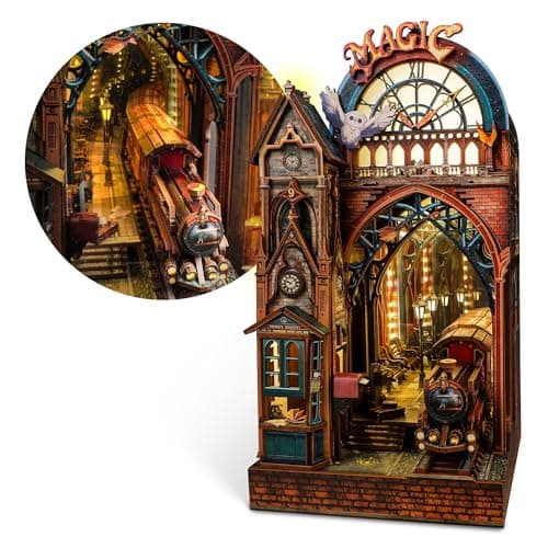 FUNPOLA LED 3D Puzzle Magic Station Book Nook Kit - Interactive 3D Wood Puzzle LED Magical Miniature with Infinite Extension Space - DIY Bookshelf Insert Decor Gifts