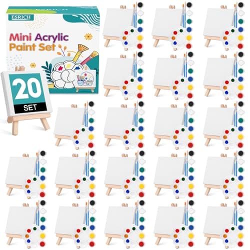 ESRICH 20 Set Mini Canvas Painting Kit, Minis Acrylic Paint Set, Valentines Day Gifts,4*4in Stretched Canvas with Easel, Acrylic Paints,Brushes,Palette,Mini Easel Canvas for Kids Adults Painting Party