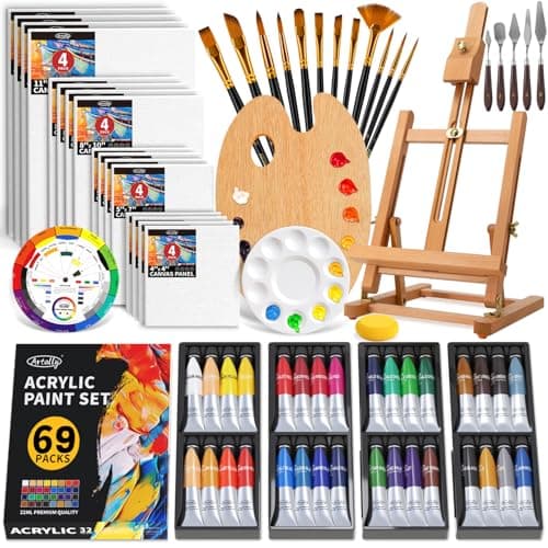 ARTALLY Acrylic Paint Set for Adults & Kids, 69 Pcs Canvas Painting Kits, 32 Colors Acrylic Paint (22ML),Table Easel,Brushes,Canvas, Art Painting Supplies Kit for Students,Artists,Beginners