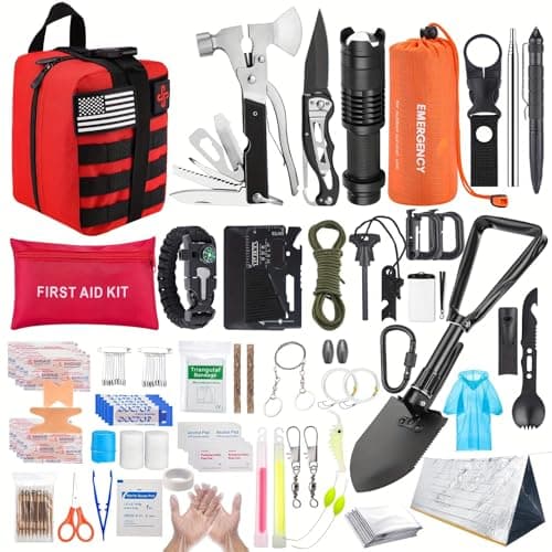 Survival Kit, 252Pcs Survival Gear First Aid Kit with Molle System Compatible Bag and Emergency Tent, Emergency Kit for Earthquake, Outdoor Adventure, Hiking, Hunting, Gifts for Men Women (Red)