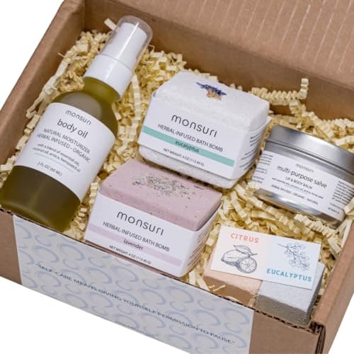 Muscle Relaxing Spa Gift Set for Women | Bath & Body Care Package with Natural Body Oil, Balm, Bath Bomb. Relaxation Self Care Package for Sore Muscles.