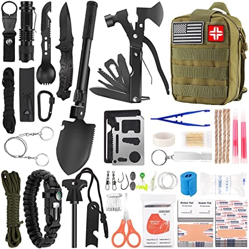 Emergency Survival Kit and First Aid Kit, 142Pcs Professional Survival Gear and Supplies Equipment with Molle Pouch, Gift for Christmas Men Dad Husband Camping Hiking Hunting Outdoor Adventure (Green