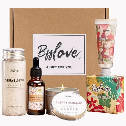 Gifts for Women BFFLOVE Gift Set for Women 5pcs Cherry Blossom Spa Set, Birthday Gifts for Her with Massage Oil, Scented Candle, Bath Salts, Hand Cream