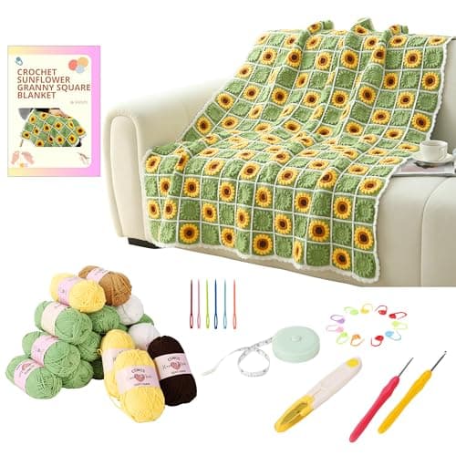 CSWCS Crochet Sunflower Blanket Kit for Beginners, Granny Square Pattern Crochet Yarn Accessories, Instructions Video for Starter, Adult Craft Knitting Kit for DIY Women (Green Sunflower)