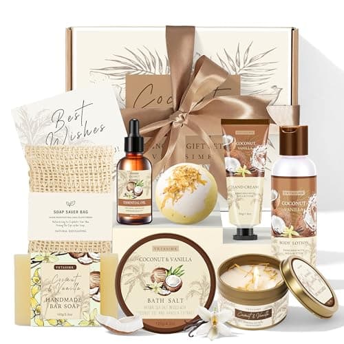 Gifts for Women Happy Birthday Gift Baskets, Bath and Body Gift Set Mothers Day Gifts, Vanilla Coconut Relaxing Home Spa Set Self Care Gift for Mom Sister Her Wife Grandma Girlfriend Friends