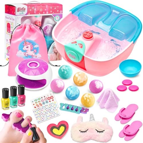 Kids Spa Day Kit for Girls, Foot Spa with Nail Dryer & Bath Bombs,Kids Foot Spa with Music Foot Soak Tub & Nail Polish Set, Girls Toys Gifts for 6-12, Christmas Birthday Gifts