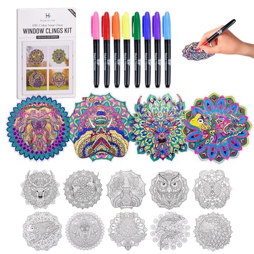 Hula Home Stained Glass Mandala Art Kit - Animal DIY Window Clings with Markers, 10 Suncatchers - Perfect Hobby for Adults, Kids, Teens & Seniors - Ideal Gift for Beginners, Women & Elderly - New