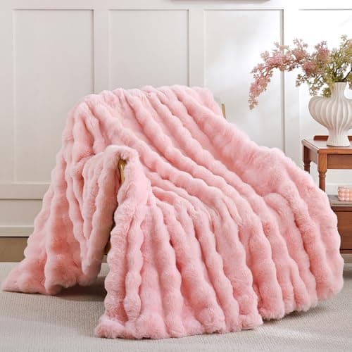Smoofy Faux Fur Throw Blanket for Couch – Blush Pink Fluffy Cozy Rabbit Fleece, Plush Soft Bubble Blanket for Sofa & Bed, for Mom, Warm Fuzzy Home Room Decor Throw 60" x 80"