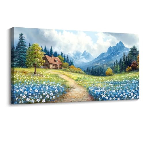 CHATYOUNG Large Mountains Wall Art,Rustic Blue Forest Wild Flowers Path Landscape Wall Paintings for Living Room Bedroom kitchen Home Decor Gifts for Women 29"X58"