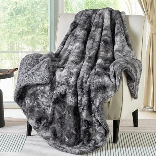 Bedsure GentleSoft Sherpa Fluffy Throw Blanket - Fleece Warm and Cozy Throw for Women Gift, Plush & Fuzzy Faux Fur Christmas Blanket for Couch, Sofa, Bed Decor, Tie Dye Design, Grey, 50x60 Inches