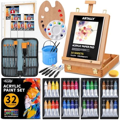 ARTALLY 66-Piece Acrylic Painting Kit with Desktop Easel,32 Colors Acrylic Paint Set(22ML), Paint Brush Set & Case, Brush Basin, Complete Art Supplies Painting Set for Adults, Artists, Beginners