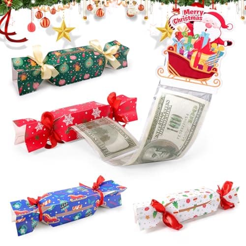 Vodolo 4PCS Christmas Money Box for Cash Gift Pull,Funny Surprise Box Money Gift Box for Kids Adults with 80 Transparent Bags,Exploding Money Roll Pull Pouch,Creative Ways to Give Money Gifts