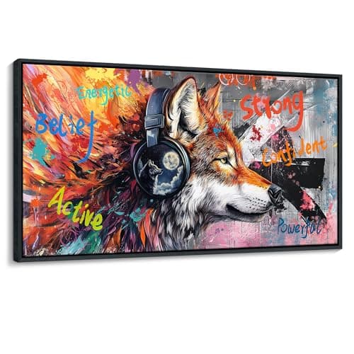 JEAWA Large Framed Wall Art, Modern Graffiti Street Art Funny Wolf with Headphones Pictures Canvas Painting for Living Room Bedroom Office Kitchen Home Inspirational Decor Gifts for Men 29x58