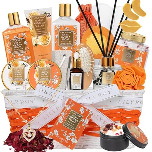 Christmas Gifts for Women - 21-Piece Luxury Vanilla Sugar Bath and Body Spa Gift Basket Set for Women Self Care Kit with Necklace, Bath Bomb | Valentine's Day, Mothers Day Gifts for Mom, Wife