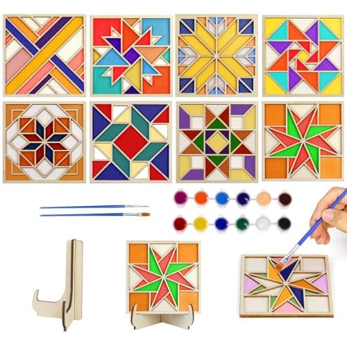 CollectHall Wooden Coasters Painting Kit with Wood Stand, Color Your Own Coaster Arts and Crafts DIY Kit for Adults, Teens & Seniors - Ideal Gift for Beginners, Women & The Elderly (Barn Quilt)