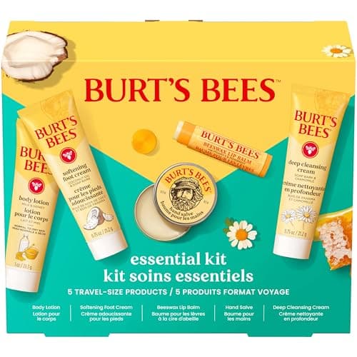 Burt's Bees Christmas Gifts - Essentials Everyday Set, 5 Travel Size Products for Stocking Stuffers - Deep Cleansing Cream, Hand Salve, Body Lotion, Foot Cream and Original Lip Balm