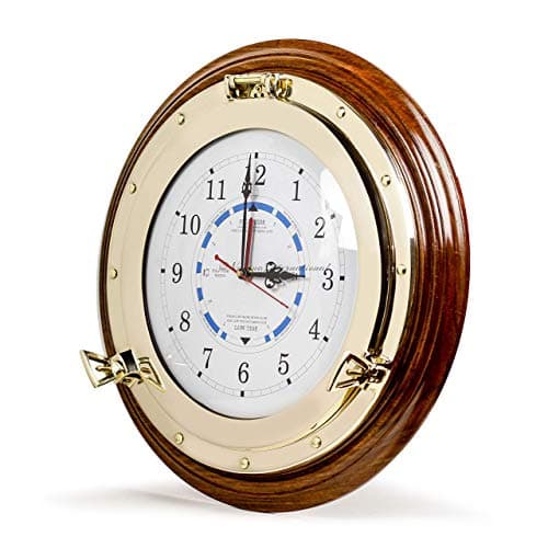 Nagina International Nautical Time Tide Clock with Brass Porthole & Wooden Base - Captain Maritime Beach Home Decor Gift (16 Inches)