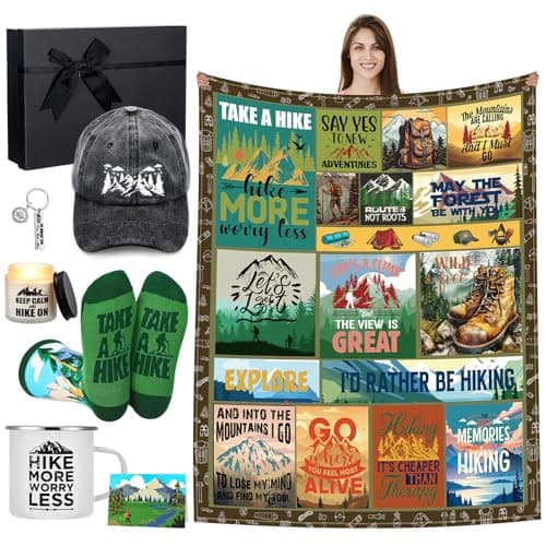 Geyoga 8 Pcs Hiking Gifts Set Includes Hiking Throw Blanket 59"x49" Enamel Camp Mug Candle Keychain Hiking Baseball Cap Socks Cards and Gift Box for Hiking Mountain Lovers Outdoorsy People Gifts