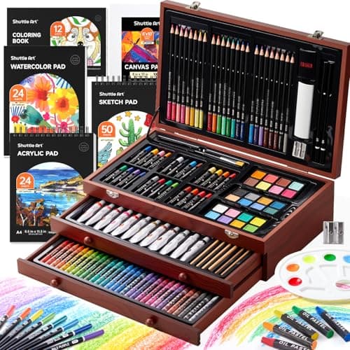 Shuttle Art Deluxe Gift Art Kit, 202-Piece Wooden Art Supplies Set with 4 Drawing Pads, Canvases, Coloring Sheets, Acrylic Paint, Crayons, Oil Pastels, Colored Pencils for Kids