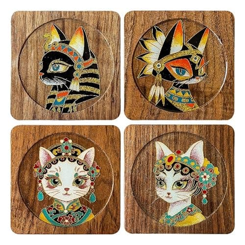 Cloisonné Art DIY Kit for Beginners, Walnut Wood Cat Design with Mineral Pigments, Traditional Chinese Craft, Home Desk Decor Gift for Adults, Teens & Seniors，Cloisonne Coaster kit