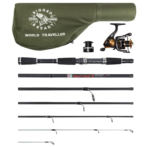 Rigged and Ready World Traveller Rod Reel Case Combination + 2 Tips 215+190cm (7'+6') Angling Travel Pole. Bait Carp Pike Spinning Rod for Freshwater Saltwater Sea Fishing