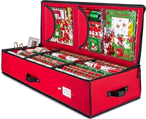 ZOBER Gift Wrapping Paper Organizer Storage - 40" Gift Wrap Storage Containers with Interior Pockets for Bows, Tags & Ribbons - Wrapping Paper Holder, 600D Oxford, Fits 24 Standard Rolls, Red/Black